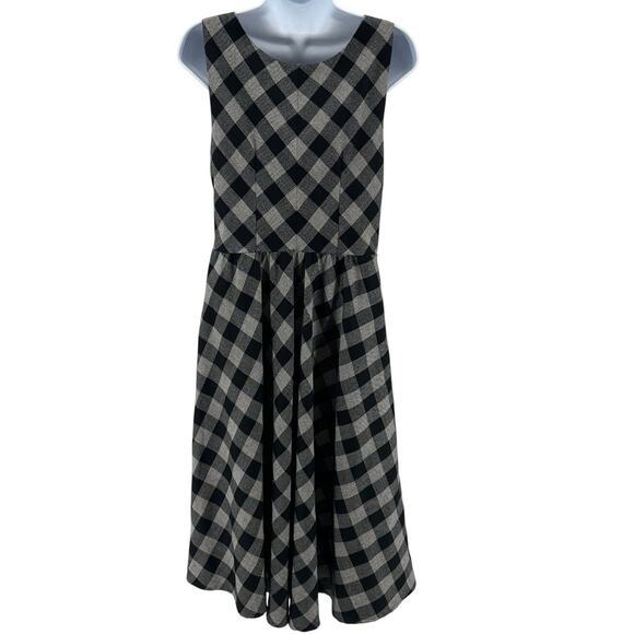 eShakti Dress SZ S Midi Fit & Flare Black Gray Plaid Sleeveless Split Neck Lined - Picture 4 of 7